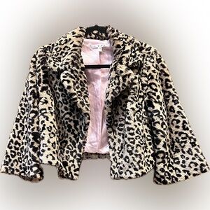 CAbi Leopard Faux Fur Jacket M Luxe Animal Print Statement Coat Pink Satin Lined